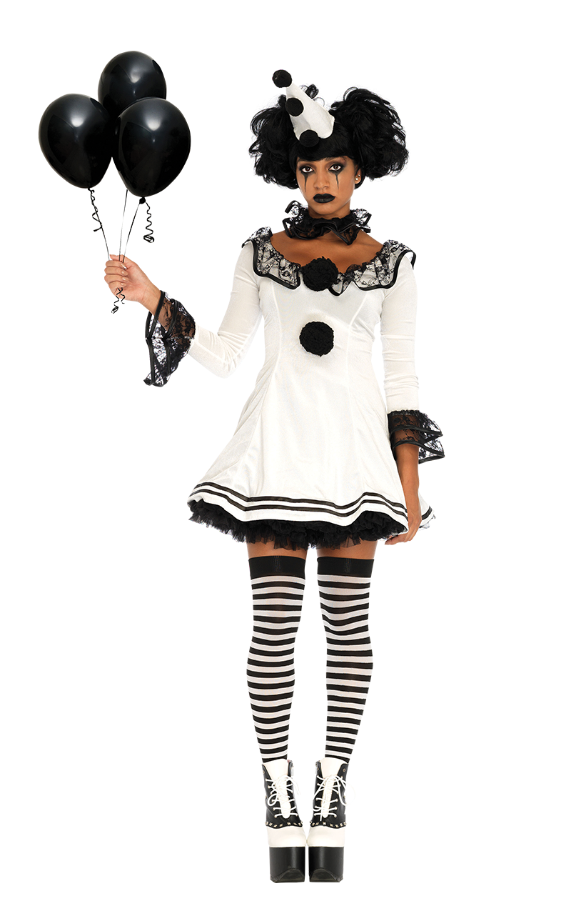 Sinister Pierrot Costume Evil Clown Halloween Womens Ladies Fancy Dress Outfit